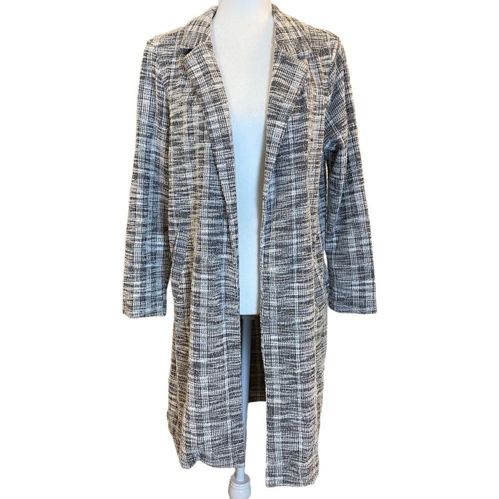 Melloday Womens Black White Plaid Tweed Open Front Longline Coatigan S